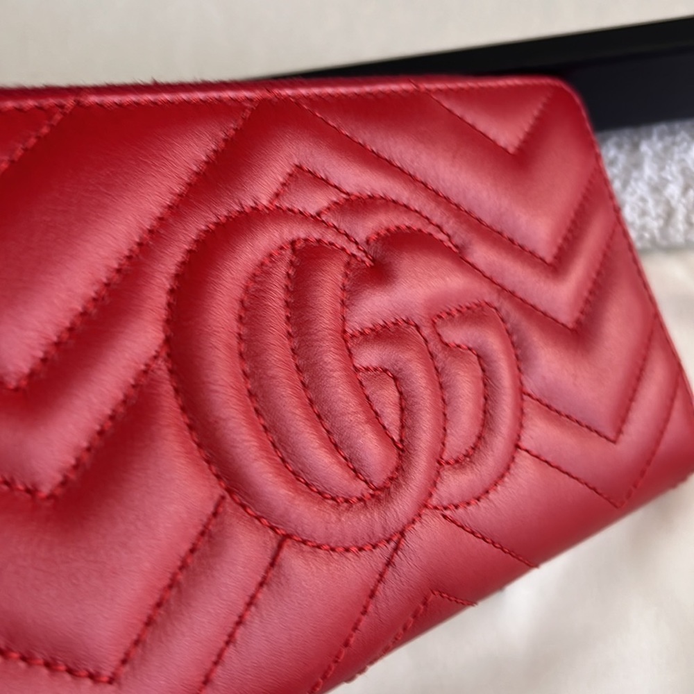 Gucci Calfskin Matelasse GG Marmont Zip Around Wallet Hibiscus Red - Picture 14 of 16